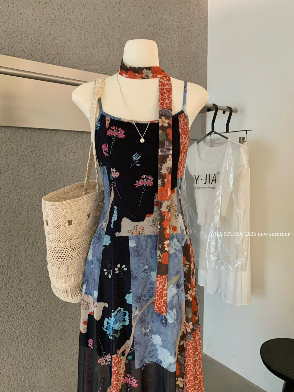 Boho Patchwork Floral Leopard Print Spaghetti Strap Maxi Dress with Matching Neck Scarf Included Ruffle Hem - Seldom Seen Styles