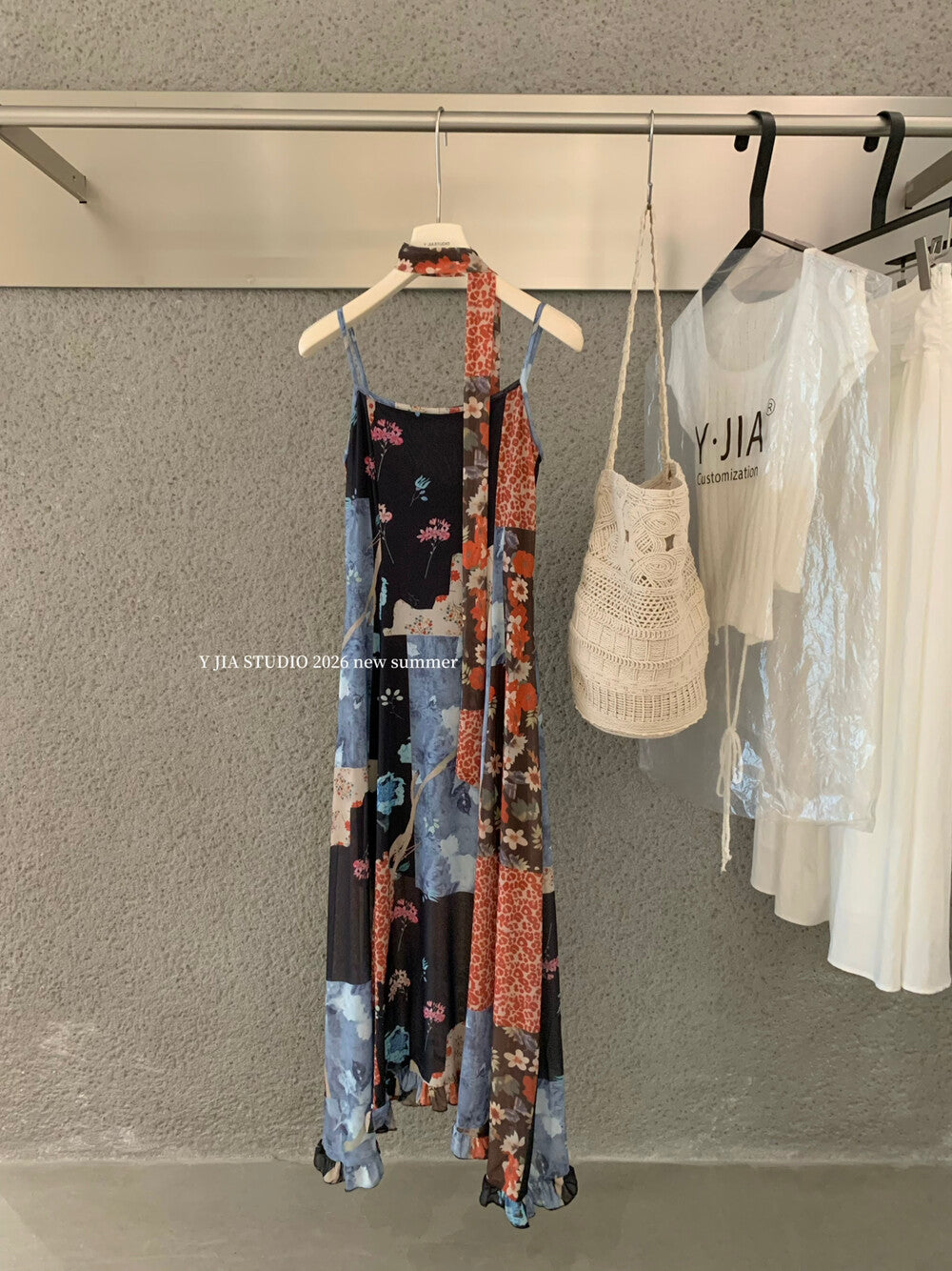 Boho Patchwork Floral Leopard Print Spaghetti Strap Maxi Dress with Matching Neck Scarf Included Ruffle Hem - Seldom Seen Styles