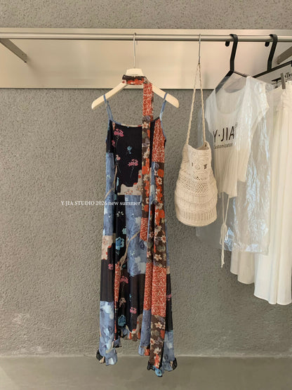 Boho Patchwork Floral Leopard Print Spaghetti Strap Maxi Dress with Matching Neck Scarf Included Ruffle Hem