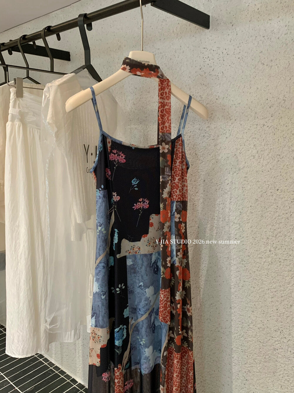 Boho Patchwork Floral Leopard Print Spaghetti Strap Maxi Dress with Matching Neck Scarf Included Ruffle Hem - Seldom Seen Styles