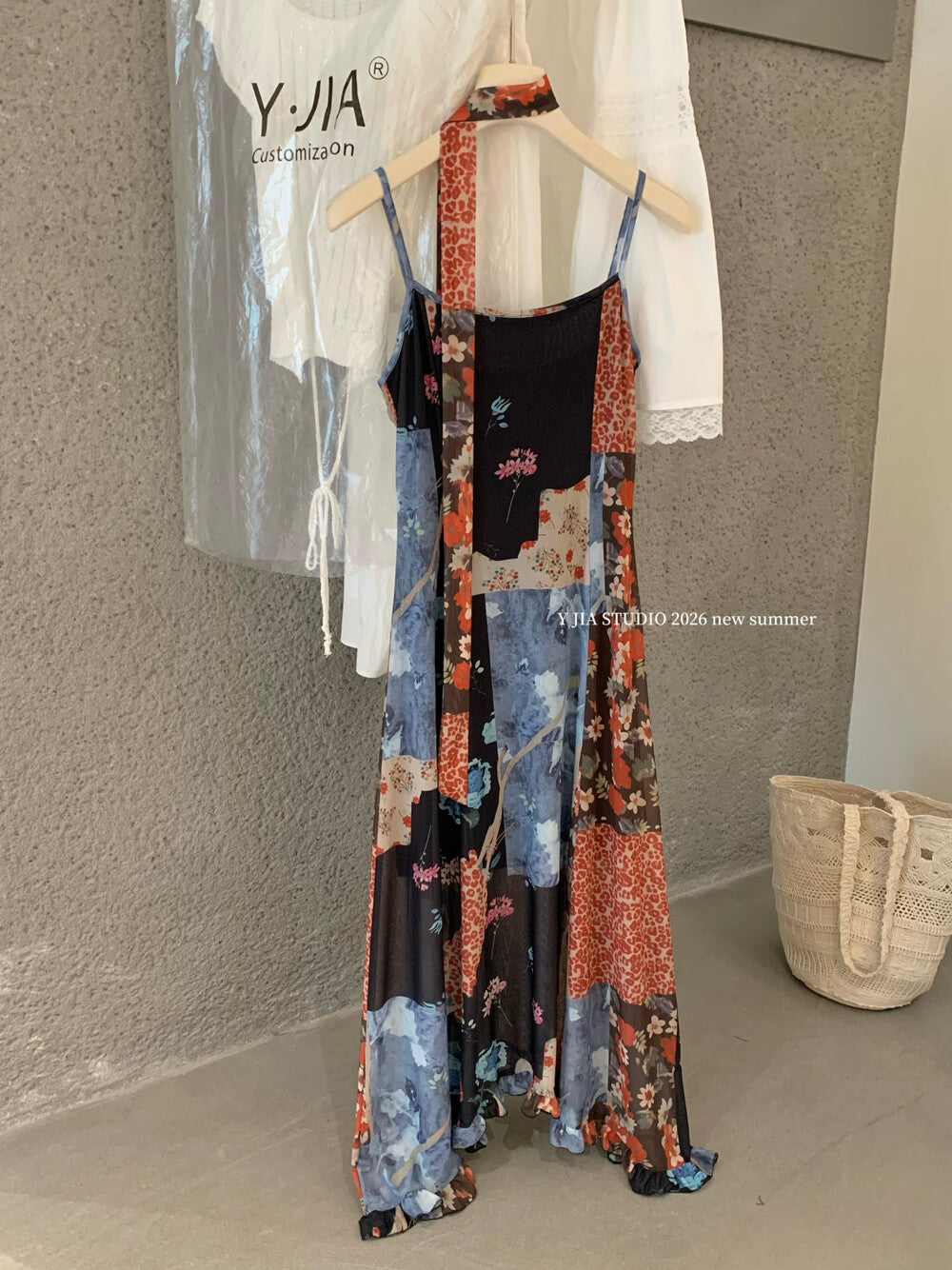 Boho Patchwork Floral Leopard Print Spaghetti Strap Maxi Dress with Matching Neck Scarf Included Ruffle Hem - Seldom Seen Styles