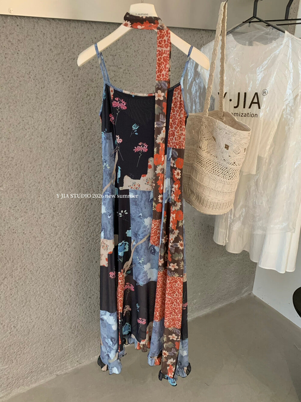 Boho Patchwork Floral Leopard Print Spaghetti Strap Maxi Dress with Matching Neck Scarf Included Ruffle Hem - Seldom Seen Styles