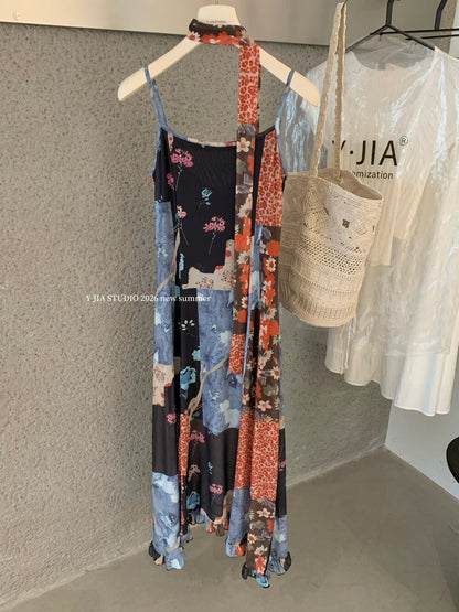 Boho Patchwork Floral Leopard Print Spaghetti Strap Maxi Dress with Matching Neck Scarf Included Ruffle Hem
