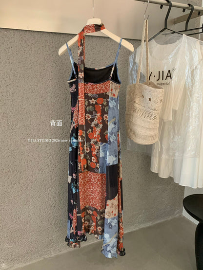 Boho Patchwork Floral Leopard Print Spaghetti Strap Maxi Dress with Matching Neck Scarf Included Ruffle Hem