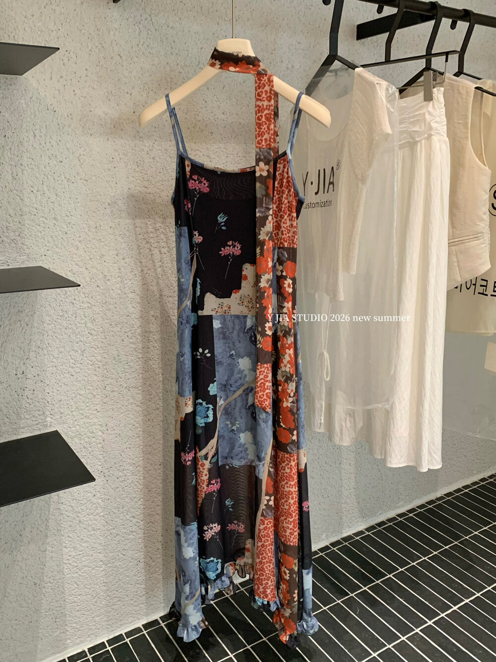 Boho Patchwork Floral Leopard Print Spaghetti Strap Maxi Dress with Matching Neck Scarf Included Ruffle Hem - Seldom Seen Styles