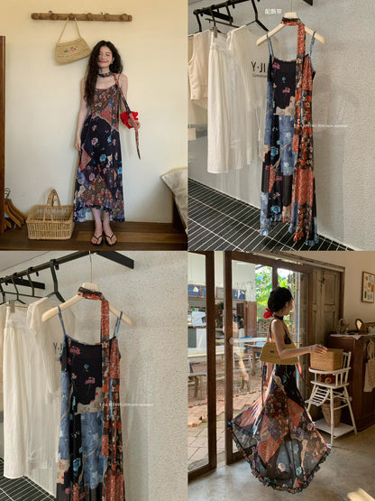 Boho Patchwork Floral Leopard Print Spaghetti Strap Maxi Dress with Matching Neck Scarf Included Ruffle Hem