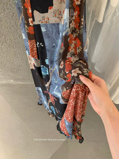Boho Patchwork Floral Leopard Print Spaghetti Strap Maxi Dress with Matching Neck Scarf Included Ruffle Hem