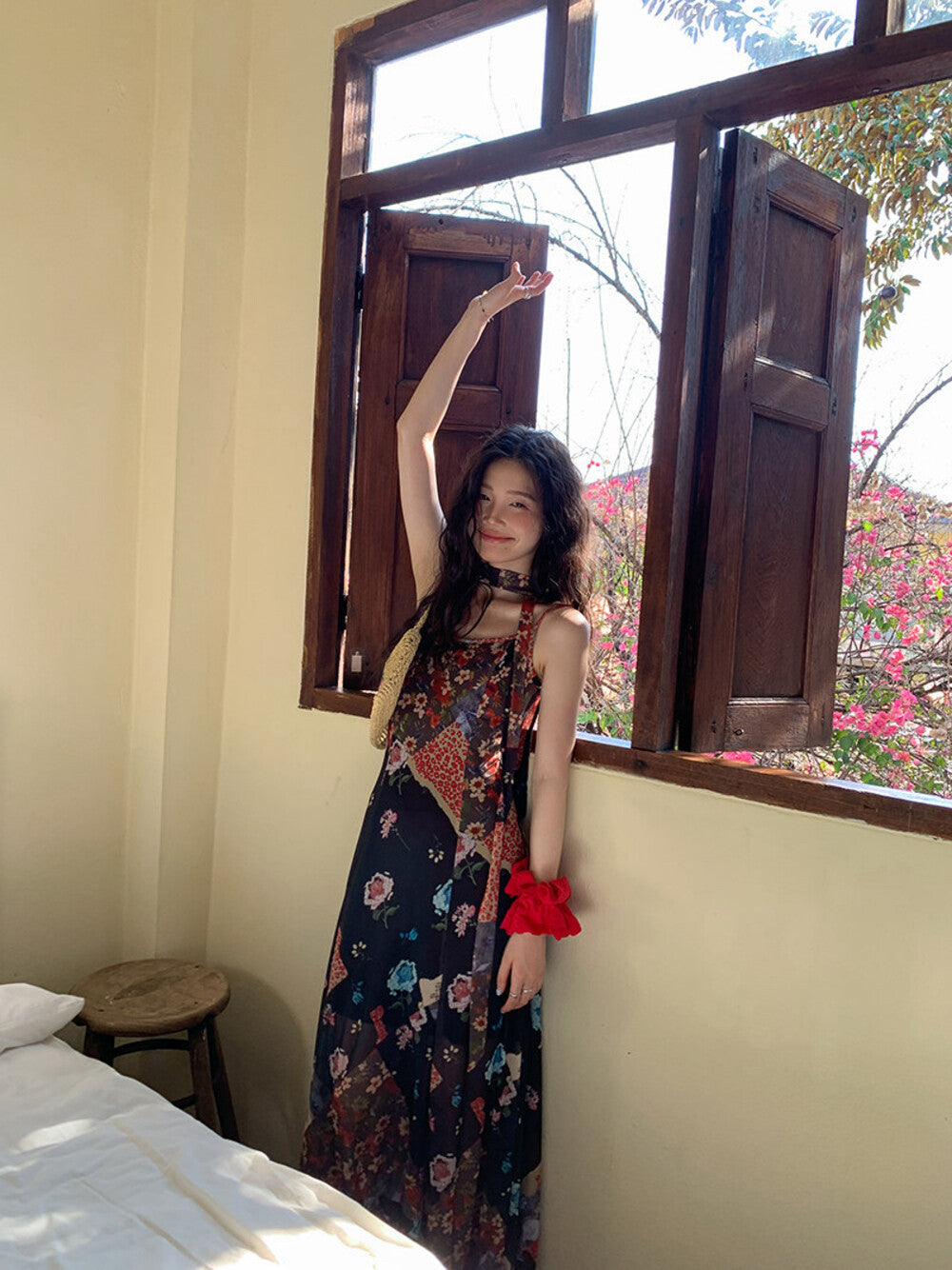 Boho Patchwork Floral Leopard Print Spaghetti Strap Maxi Dress with Matching Neck Scarf Included Ruffle Hem - Seldom Seen Styles