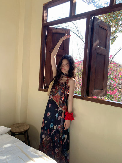 Boho Patchwork Floral Leopard Print Spaghetti Strap Maxi Dress with Matching Neck Scarf Included Ruffle Hem
