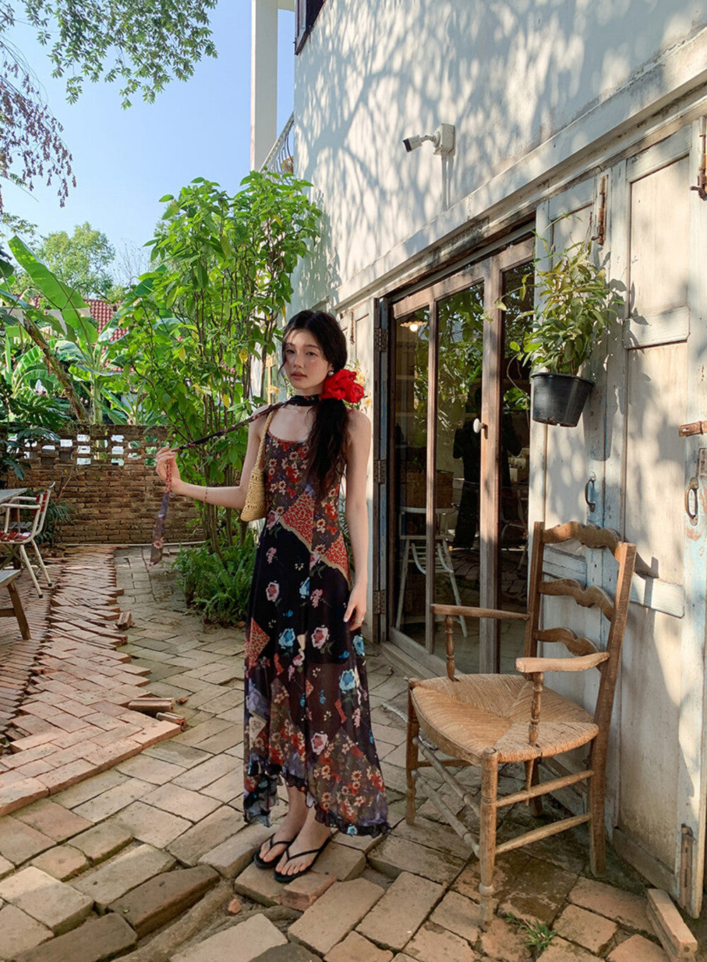 Boho Patchwork Floral Leopard Print Spaghetti Strap Maxi Dress with Matching Neck Scarf Included Ruffle Hem - Seldom Seen Styles
