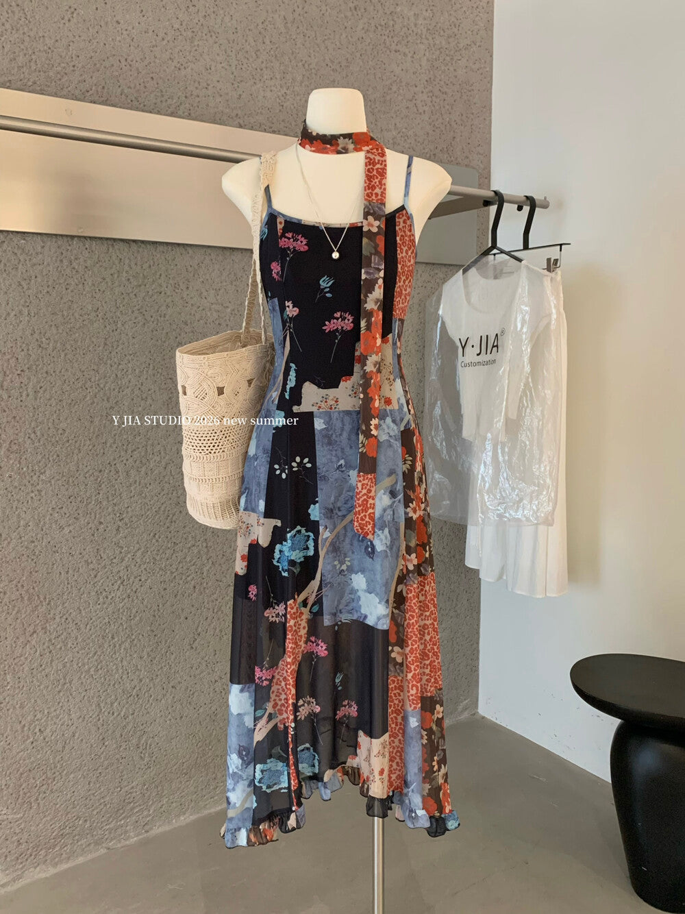 Boho Patchwork Floral Leopard Print Spaghetti Strap Maxi Dress with Matching Neck Scarf Included Ruffle Hem - Seldom Seen Styles