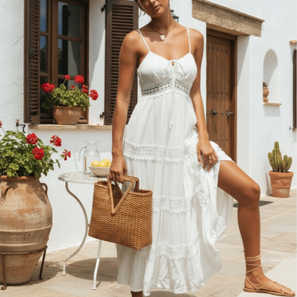 Boho Spaghetti Strap White Dress