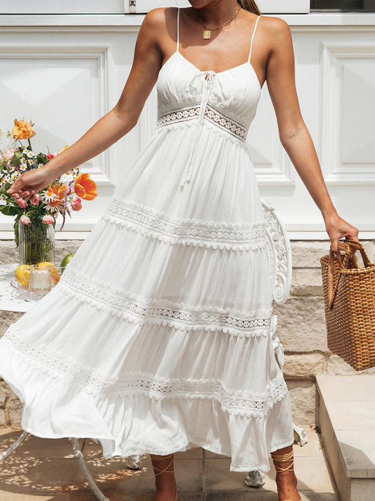 Boho Tie Neck Smocked Back Resort Crochet Tiered Midi Sundress - Seldom Seen Styles
