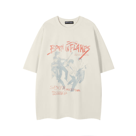 Born In Flames Rock Band Graphic Oversized Tee Grunge Guitarist Print Streetwear Short Sleeve T-Shirt - Seldom Seen Styles