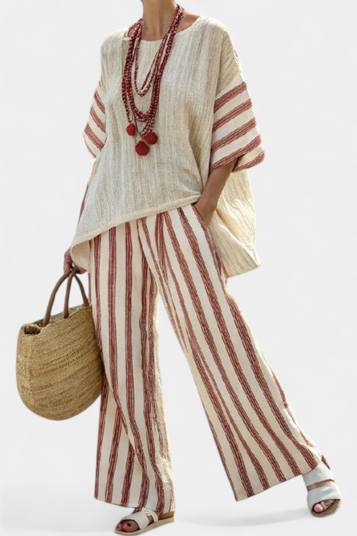 Braelith | Elegant Rustic Striped Top & Cream Linen Pants - Seldom Seen Styles