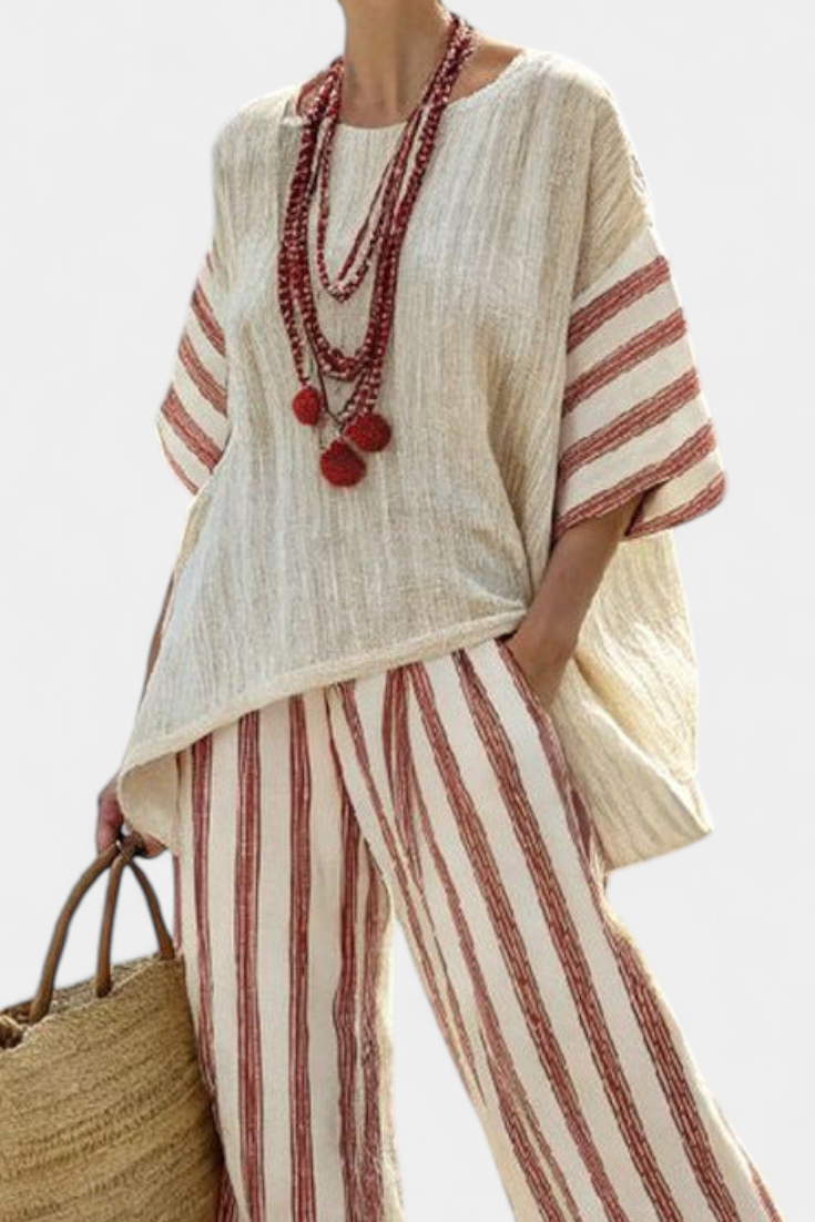 Braelith | Elegant Rustic Striped Top & Cream Linen Pants - Seldom Seen Styles