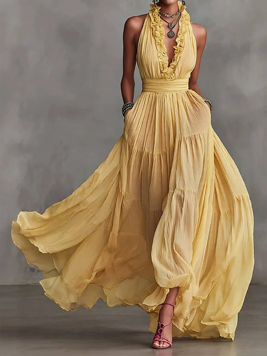 Brenda Ruffle Trim Evening Maxi Dress - Seldom Seen Styles