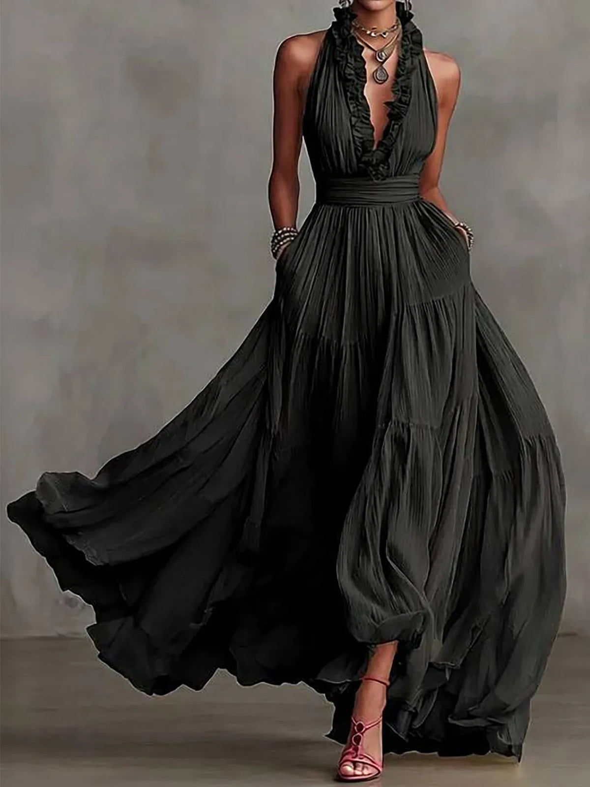 Brenda Ruffle Trim Evening Maxi Dress - Seldom Seen Styles
