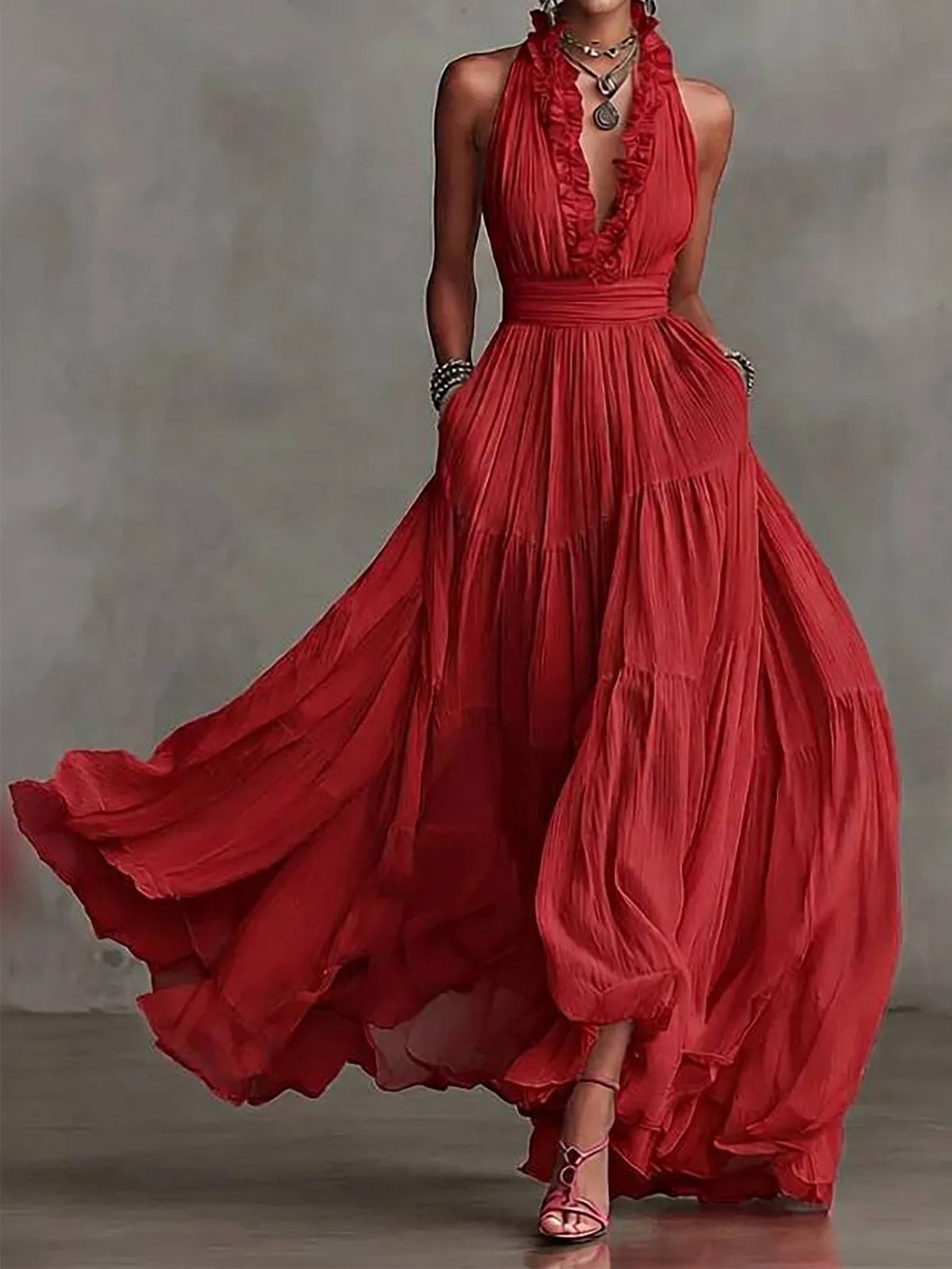 Brenda Ruffle Trim Evening Maxi Dress - Seldom Seen Styles