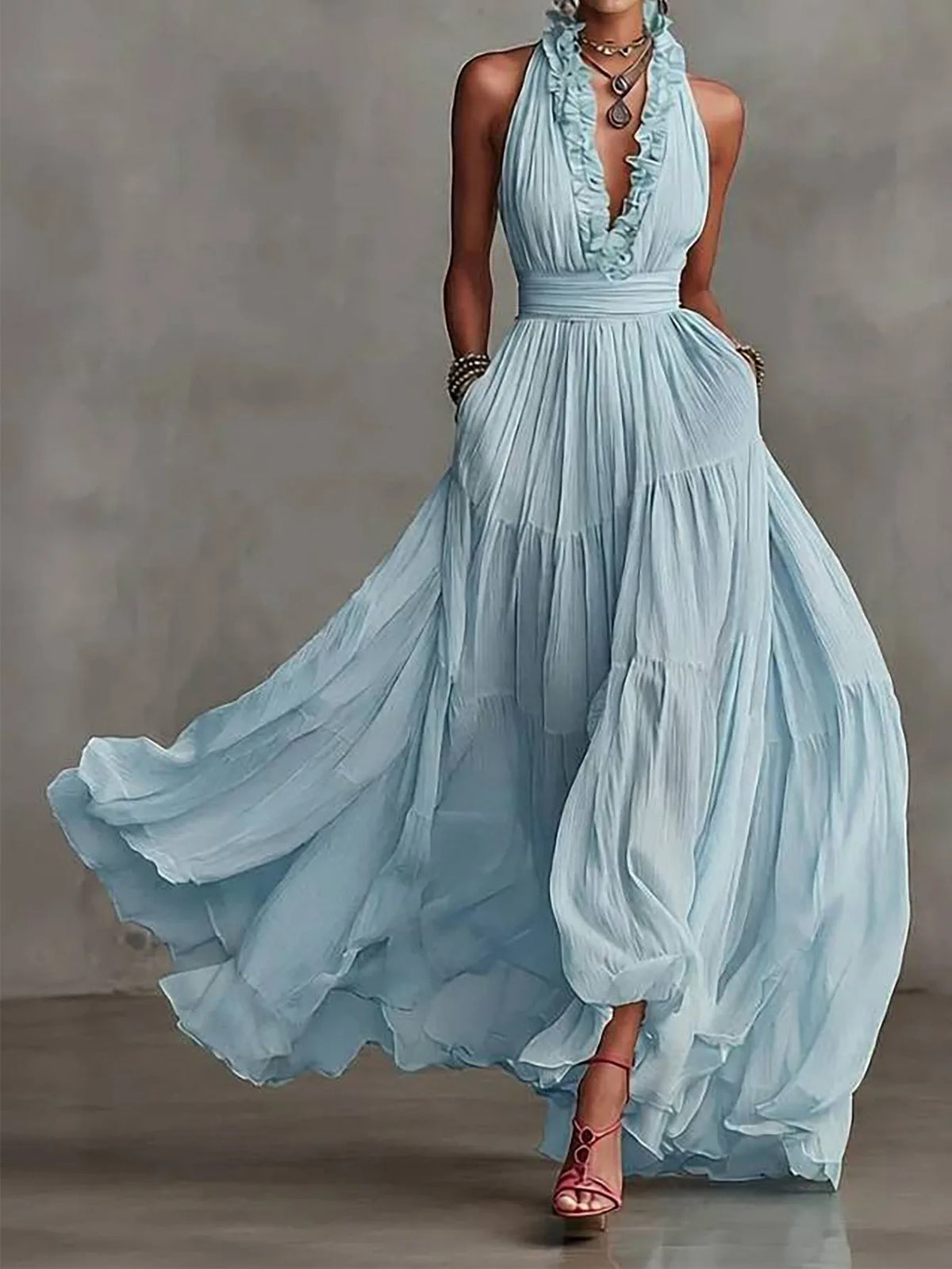 Brenda Ruffle Trim Evening Maxi Dress - Seldom Seen Styles