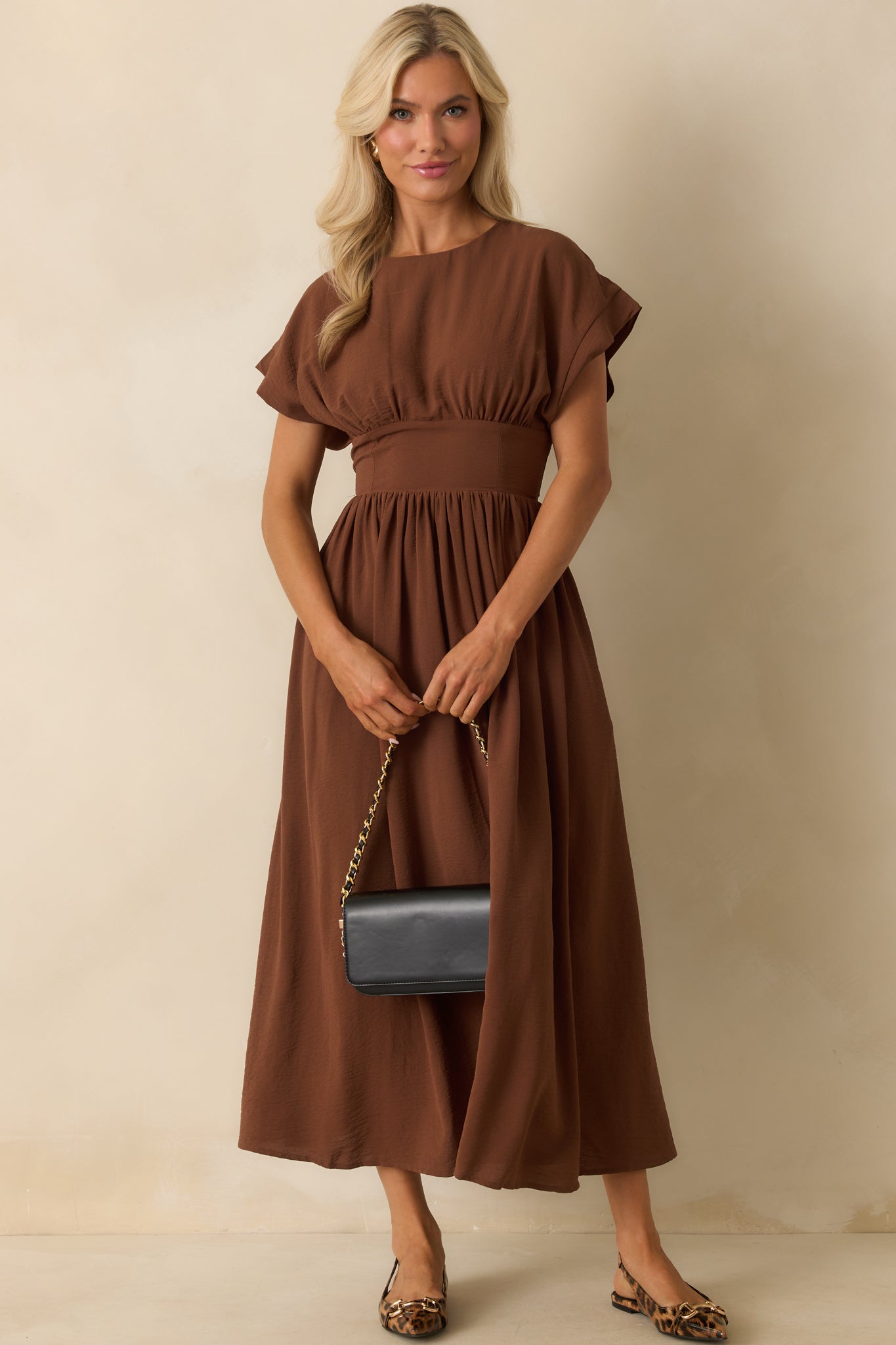 As Promised Brown Short Sleeve Cinched Waist Maxi Dress - Seldom Seen Styles