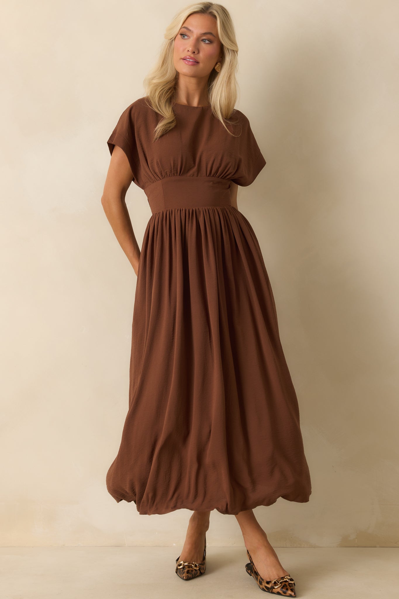 As Promised Brown Short Sleeve Cinched Waist Maxi Dress - Seldom Seen Styles