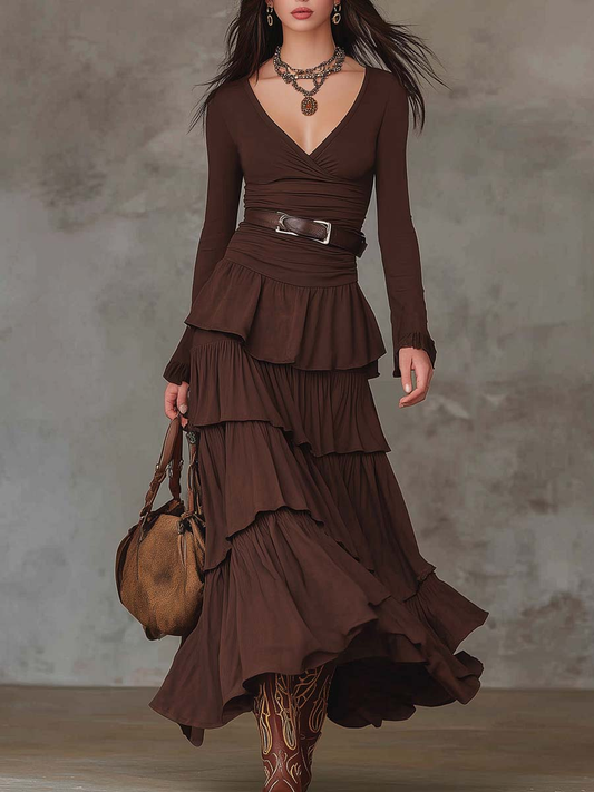Brown Retro V-neck Multi-layered Ruffled Maxi Dress - Seldom Seen Styles