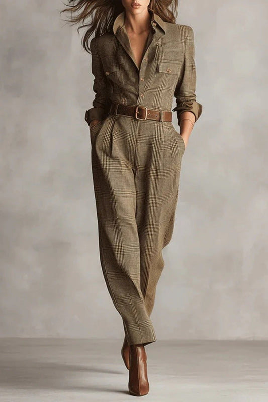 Brown Sophisticated Tweed Texture Plaid Utility Jumpsuit - Seldom Seen Styles