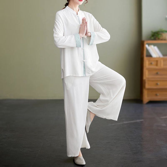 Buddha Stones 2Pcs Tang Suit Long Sleeve Shirt Top Pants Meditation Zen Tai Chi Cotton Linen Clothing Women's Set - Seldom Seen Styles