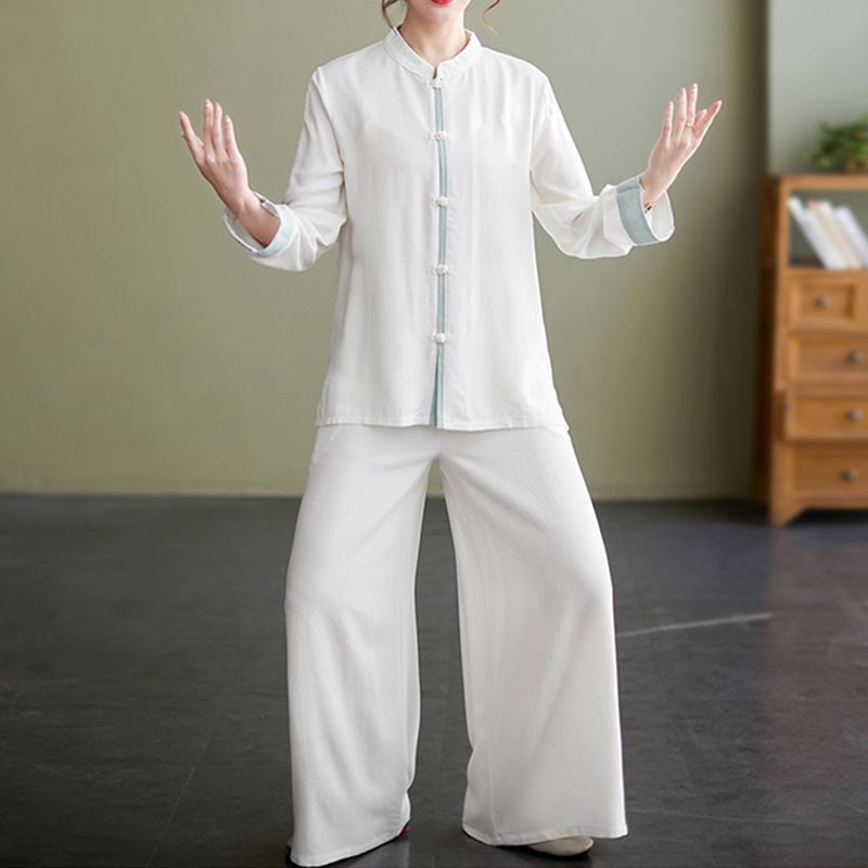 Buddha Stones 2Pcs Tang Suit Long Sleeve Shirt Top Pants Meditation Zen Tai Chi Cotton Linen Clothing Women's Set - Seldom Seen Styles