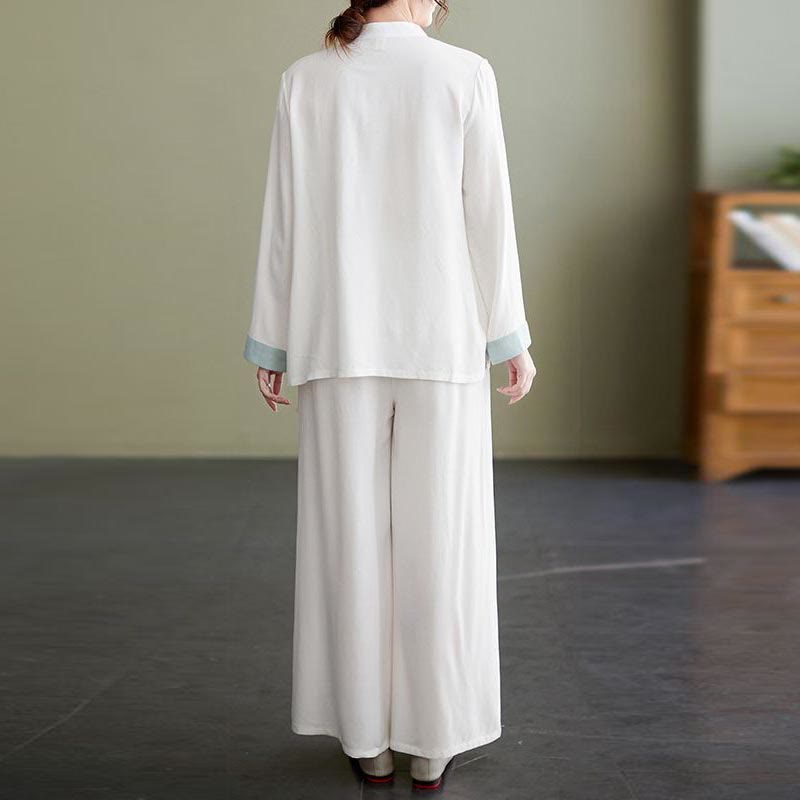 Buddha Stones 2Pcs Tang Suit Long Sleeve Shirt Top Pants Meditation Zen Tai Chi Cotton Linen Clothing Women's Set - Seldom Seen Styles