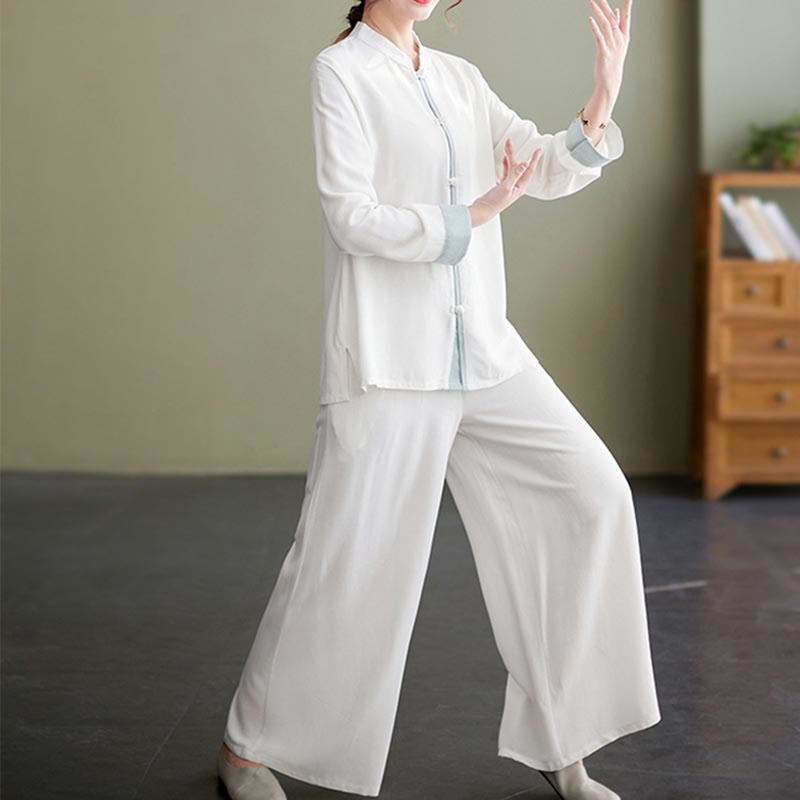 Buddha Stones 2Pcs Tang Suit Long Sleeve Shirt Top Pants Meditation Zen Tai Chi Cotton Linen Clothing Women's Set - Seldom Seen Styles
