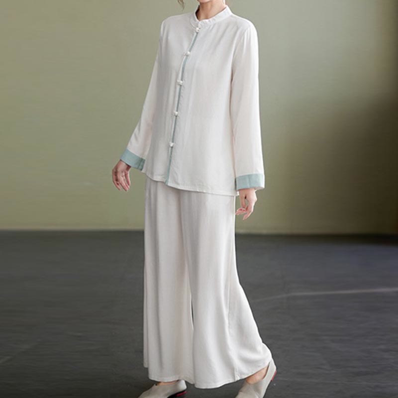 Buddha Stones 2Pcs Tang Suit Long Sleeve Shirt Top Pants Meditation Zen Tai Chi Cotton Linen Clothing Women's Set - Seldom Seen Styles