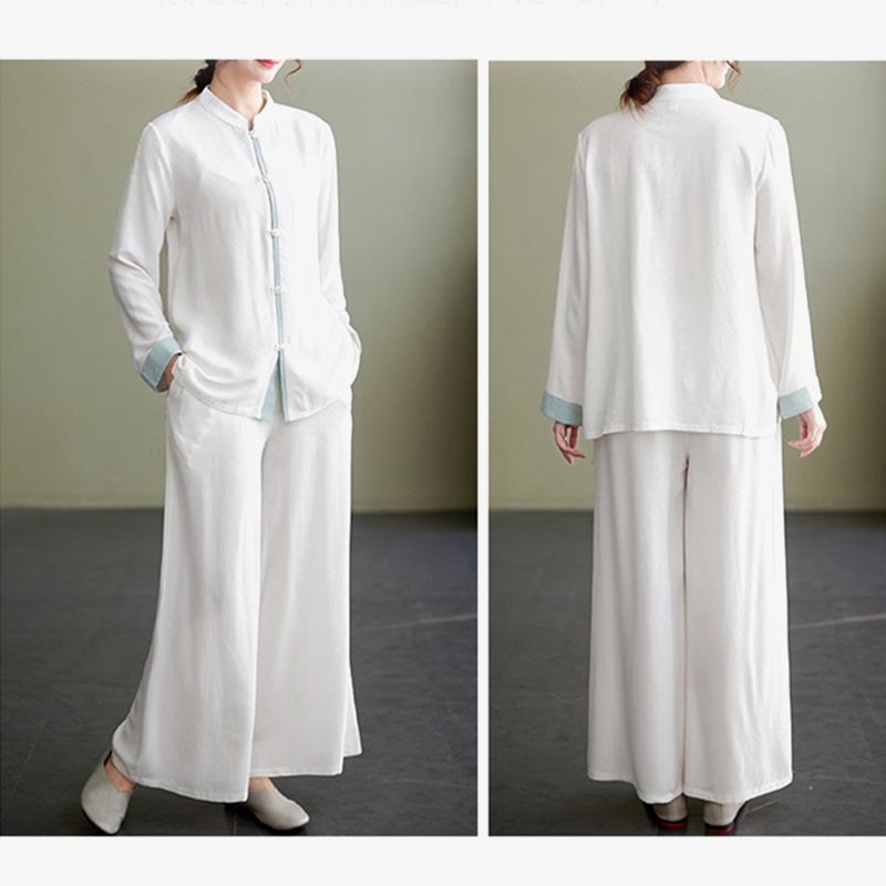 Buddha Stones 2Pcs Tang Suit Long Sleeve Shirt Top Pants Meditation Zen Tai Chi Cotton Linen Clothing Women's Set - Seldom Seen Styles