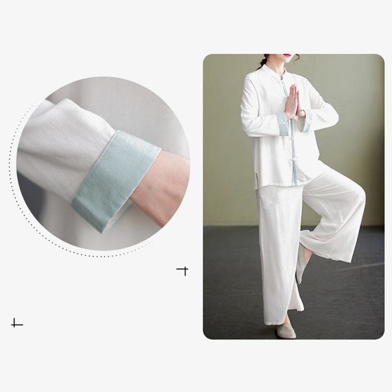 Buddha Stones 2Pcs Tang Suit Long Sleeve Shirt Top Pants Meditation Zen Tai Chi Cotton Linen Clothing Women's Set - Seldom Seen Styles