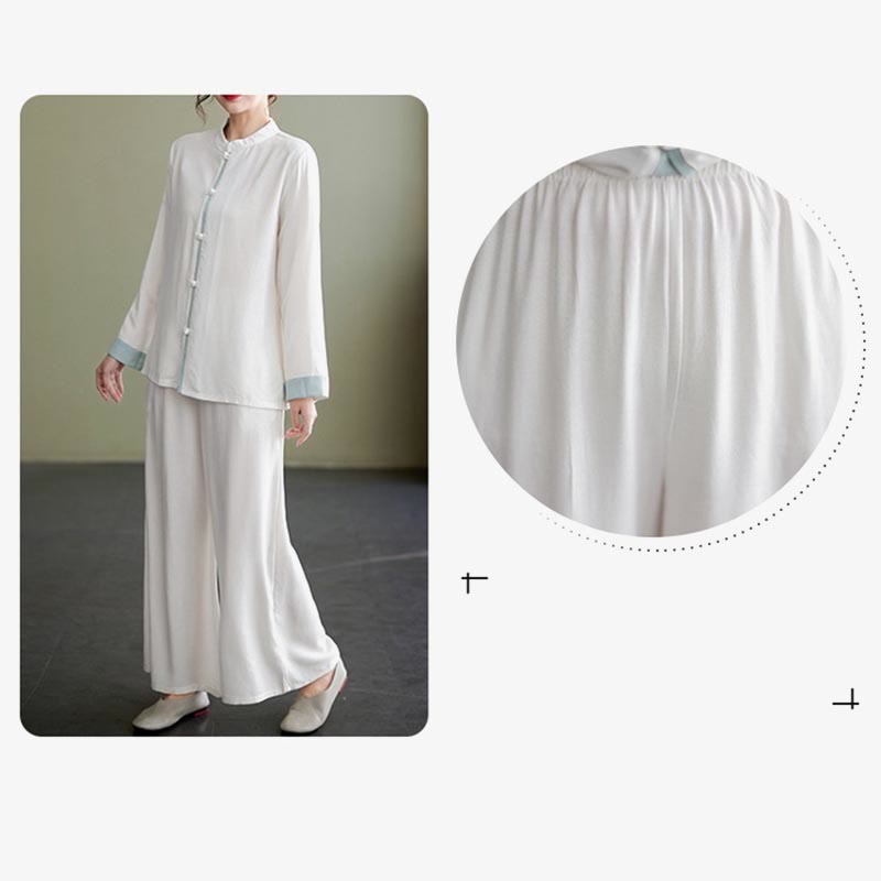 Buddha Stones 2Pcs Tang Suit Long Sleeve Shirt Top Pants Meditation Zen Tai Chi Cotton Linen Clothing Women's Set - Seldom Seen Styles