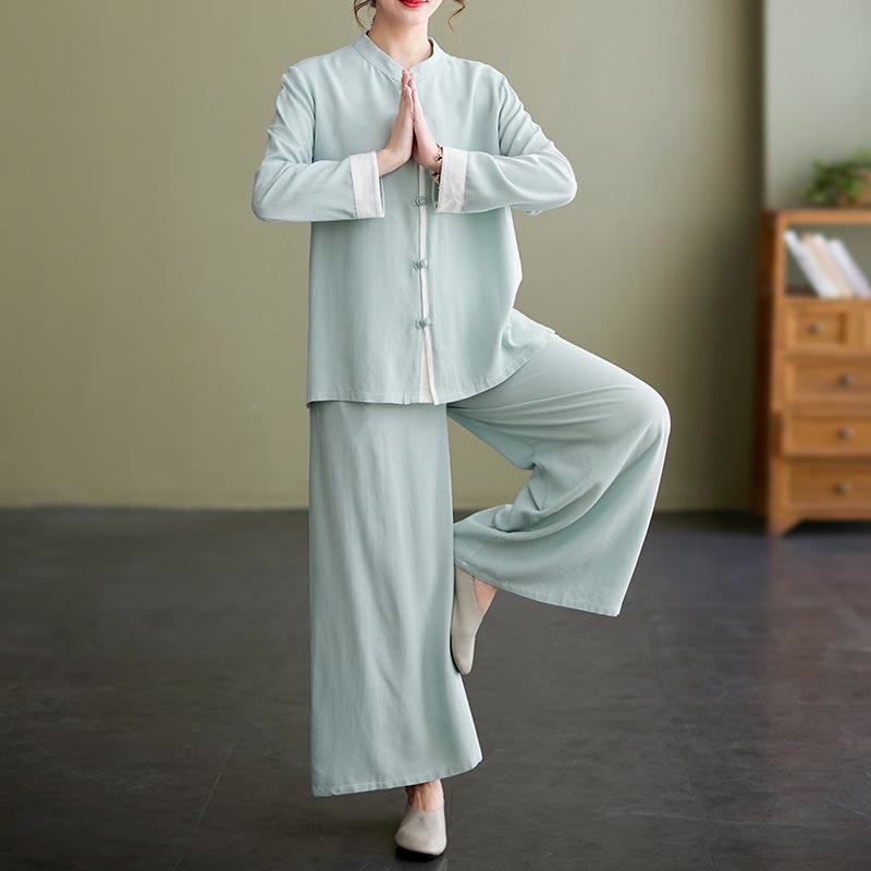 Buddha Stones 2Pcs Tang Suit Long Sleeve Shirt Top Pants Meditation Zen Tai Chi Cotton Linen Clothing Women's Set - Seldom Seen Styles