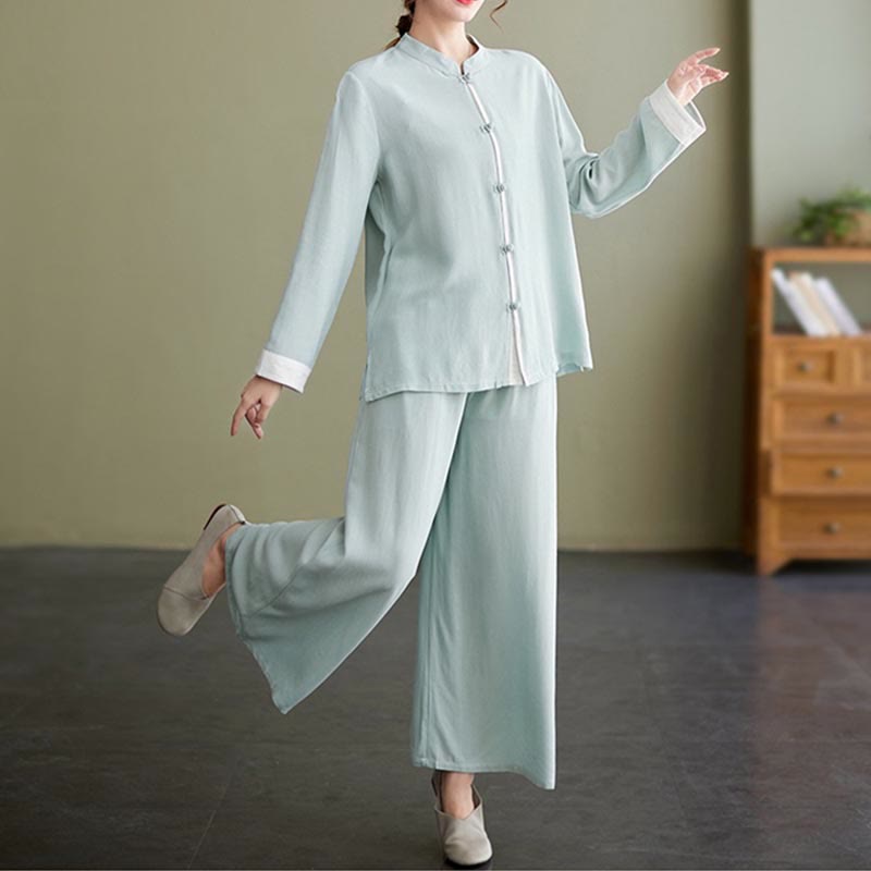 Buddha Stones 2Pcs Tang Suit Long Sleeve Shirt Top Pants Meditation Zen Tai Chi Cotton Linen Clothing Women's Set - Seldom Seen Styles