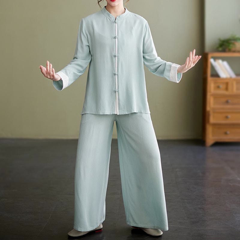 Buddha Stones 2Pcs Tang Suit Long Sleeve Shirt Top Pants Meditation Zen Tai Chi Cotton Linen Clothing Women's Set - Seldom Seen Styles