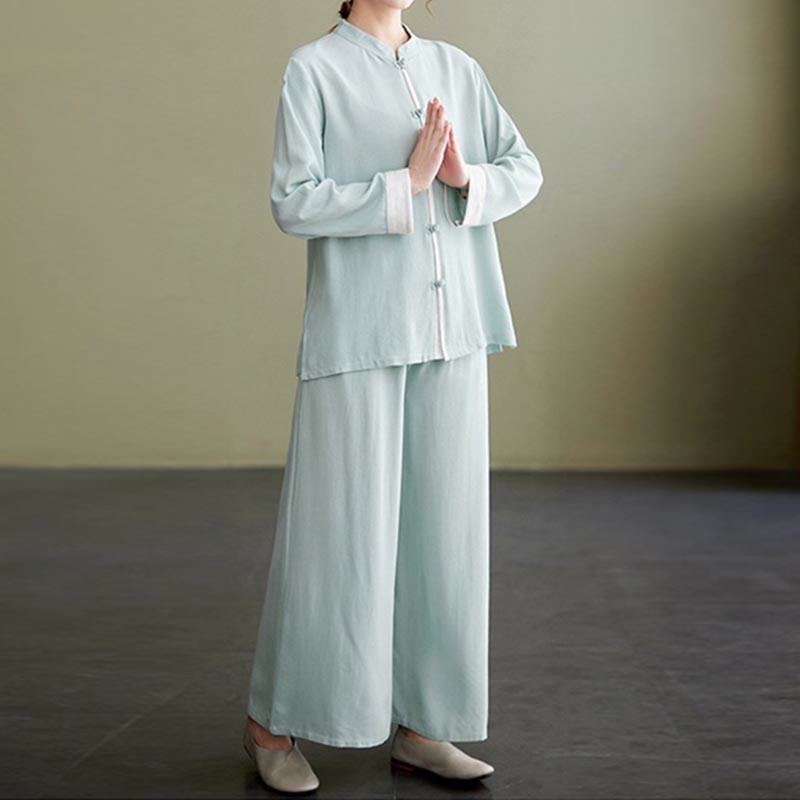 Buddha Stones 2Pcs Tang Suit Long Sleeve Shirt Top Pants Meditation Zen Tai Chi Cotton Linen Clothing Women's Set - Seldom Seen Styles