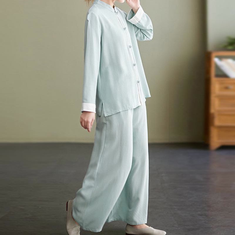 Buddha Stones 2Pcs Tang Suit Long Sleeve Shirt Top Pants Meditation Zen Tai Chi Cotton Linen Clothing Women's Set - Seldom Seen Styles