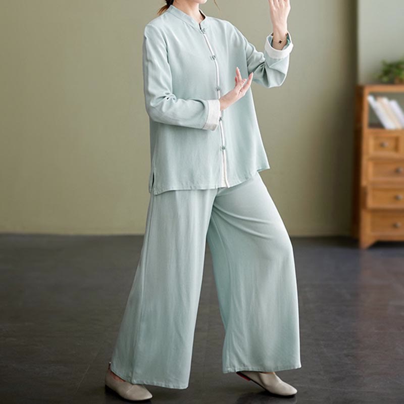 Buddha Stones 2Pcs Tang Suit Long Sleeve Shirt Top Pants Meditation Zen Tai Chi Cotton Linen Clothing Women's Set - Seldom Seen Styles