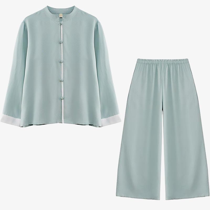 Buddha Stones 2Pcs Tang Suit Long Sleeve Shirt Top Pants Meditation Zen Tai Chi Cotton Linen Clothing Women's Set - Seldom Seen Styles