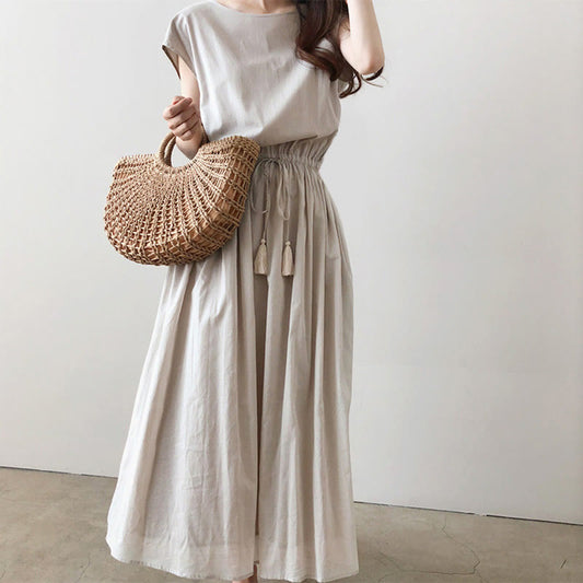 Buddha Stones Casual Eastic Waist Drawstring Design Short Sleeve Cotton Linen Midi Dress - Seldom Seen Styles