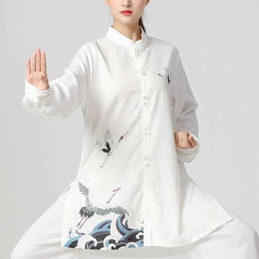 Buddha Stones White Crane Sea Cotton Linen Meditation Prayer Spiritual Zen Tai Chi Qigong Practice Clothing Set - Seldom Seen Styles