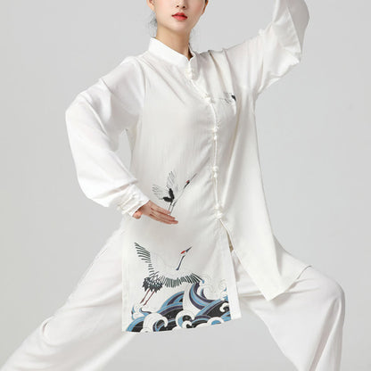 Buddha Steine Weißer Kranich Baumwolle Leinen Meditation Gebet Spirituell Zen Tai Chi Qigong Trainingskleidung Set