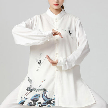 Buddha Steine Weißer Kranich Baumwolle Leinen Meditation Gebet Spirituell Zen Tai Chi Qigong Trainingskleidung Set