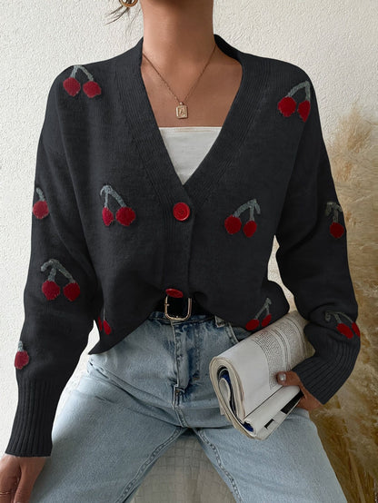 Cardigan à manches longues boutonné à motif cerises pour femme, cardigan décontracté et élégant à manches longues pour l'automne et l'hiver, vêtements en tricot pour femme au quotidien, cardigan pour femme, vêtements pour femme, tricot, vêtements