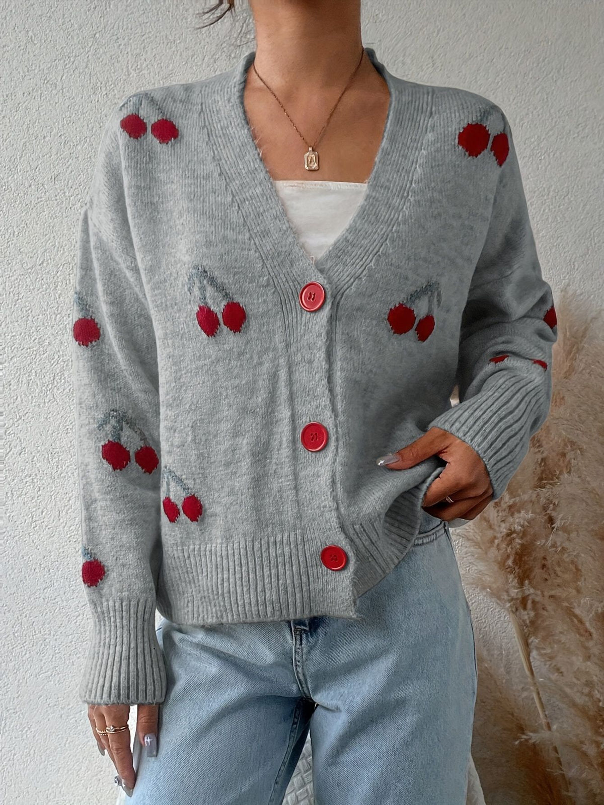 Women's Cherry Pattern Button Front Knitting Longsleeves Cardigan, Casual Elegant Long Sleeve Sweater Cardigan for Fall &amp; Winter, Women's Knit Clothing for Daily Wear, Cardigan for Women, Women's Cardigan, Womenswear, Knitwear, Clothe - Seldom Seen Styles