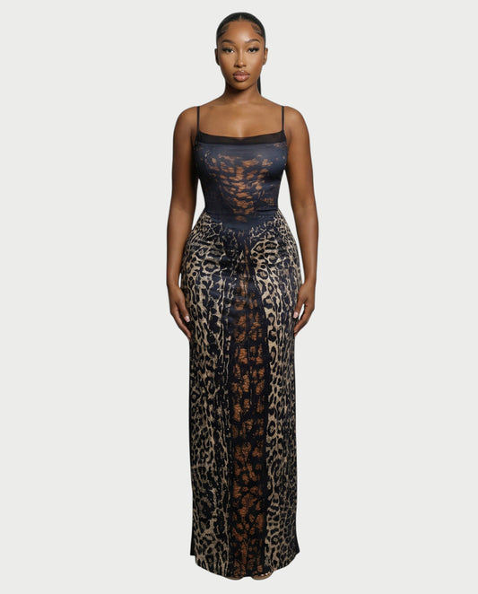 CAITLYN Leopard Print Lace-up Waist Maxi Dress - Seldom Seen Styles
